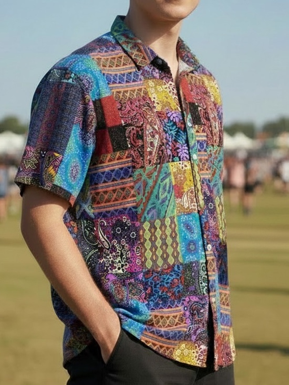 Men's Retro 70s Hippie Patchwork Button Up - Colorful Paisley & Geometric Shirt